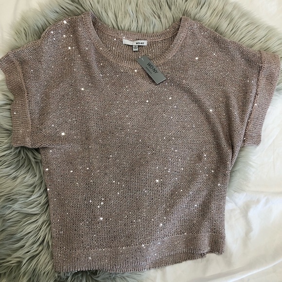 WD.NY Sequin Knit Top Taupe/Pink size Sm Med Large - Picture 2 of 9